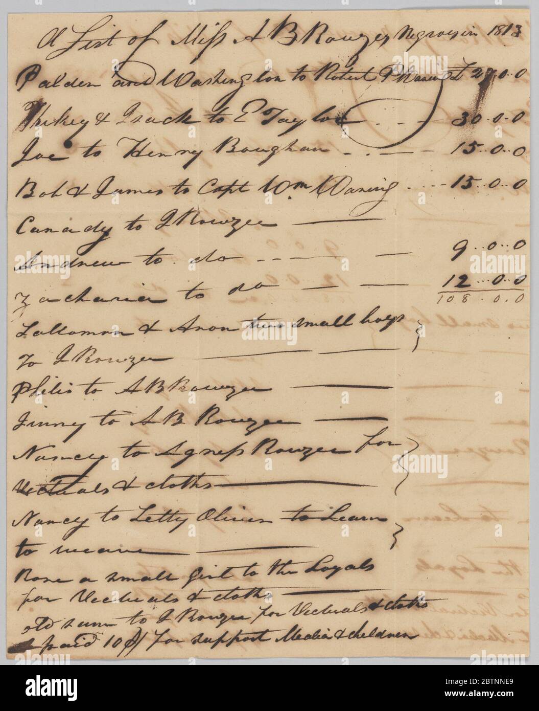 List of enslaved persons hired out by AB Rouzee for the year 1813. This document is from a collection of financial papers related to the plantation operations of several generations of the Rouzee Family in Essex County, Virginia. The papers date from the 1790s through 1860.This document is titled at the top, 'A List of [illegible] A.B. Stock Photo