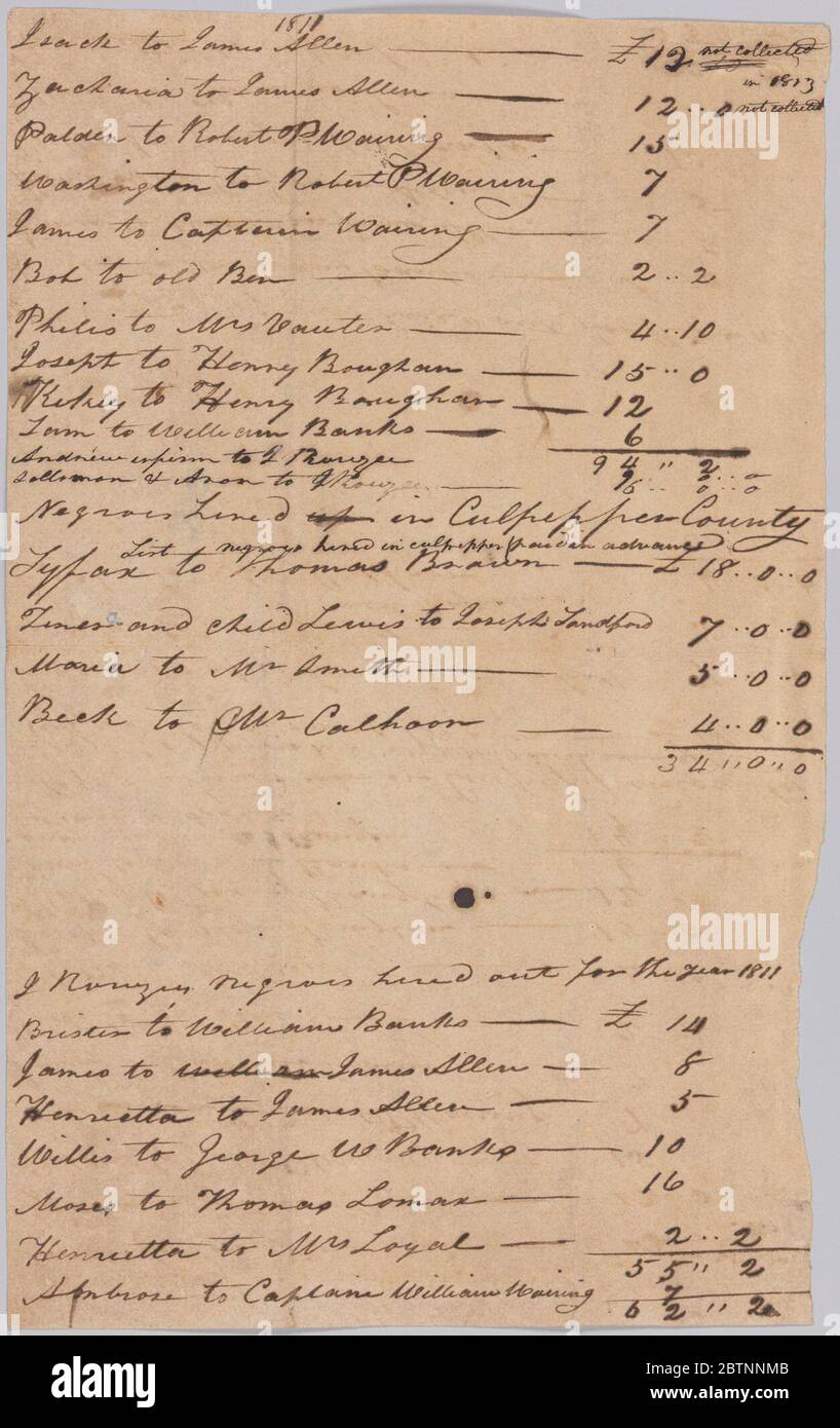 Lists of enslaved persons hired out by the Rouzee family in 1811. This document is from a collection of financial papers related to the plantation operations of several generations of the Rouzee Family in Essex County, Virginia. Stock Photo