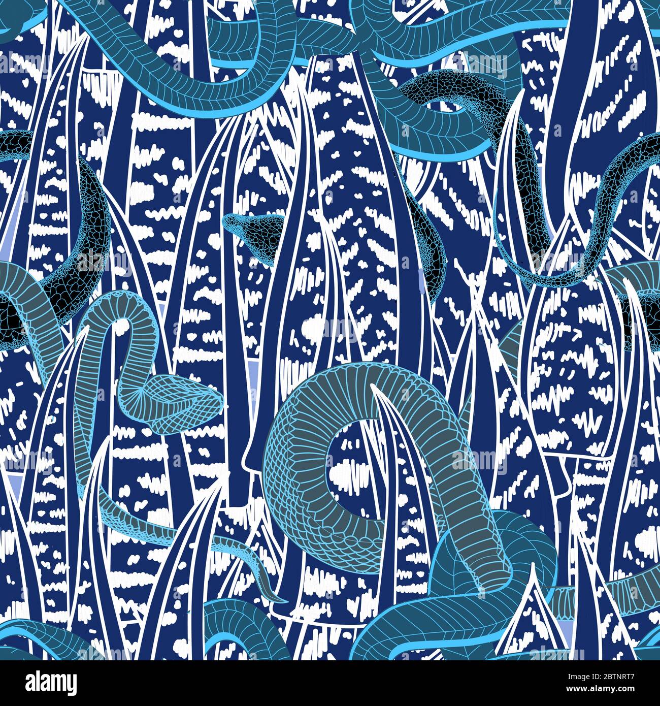 Exotic pattern with snakes. Reptiles pattern. Snakes in the grass. Blue ...