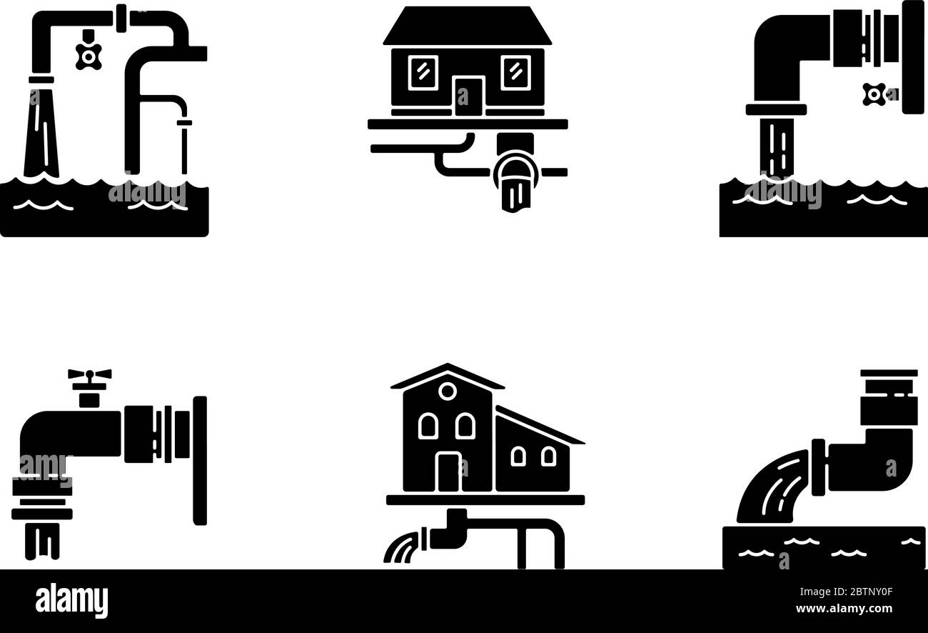 Drainage pipe system black glyph icons set on white space Stock Vector