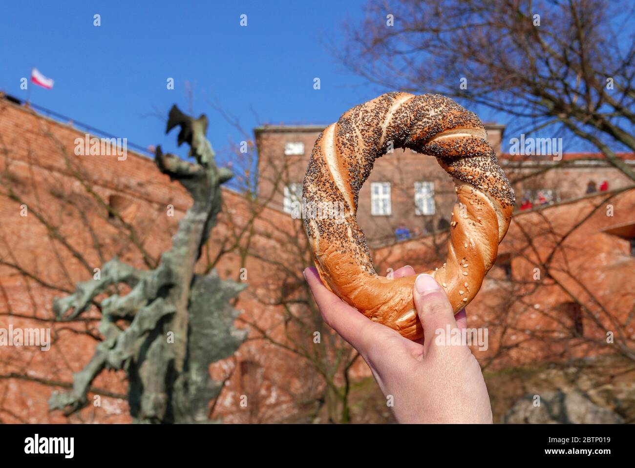 Woman hand holding the Obwarzanek krakowski - the famous Cracow bagel with poppy seed and sesame. The Wawel Dragon in the background. Horizontal image Stock Photo