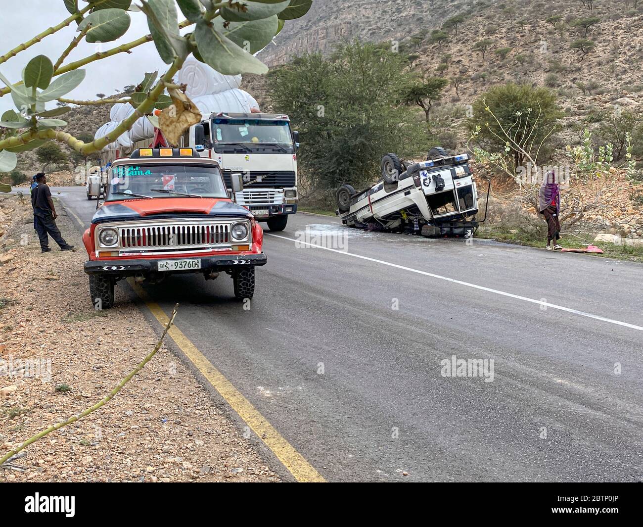 Damaged car upside down due to a road accident, Tigray Region, Ethiopia