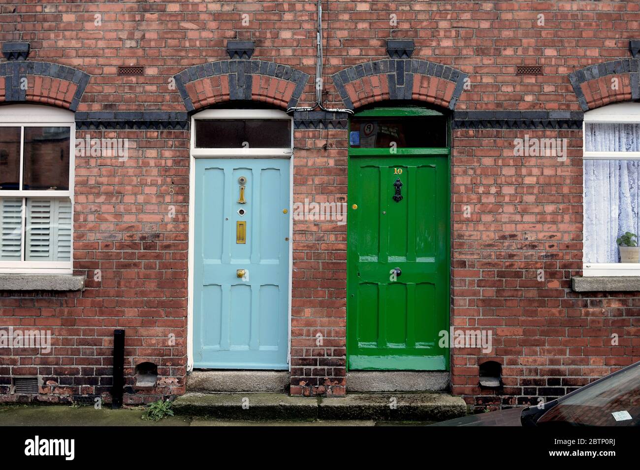Two of Dublin's very famous coloured doors in the Liberties area of the Irish city Stock Photo
