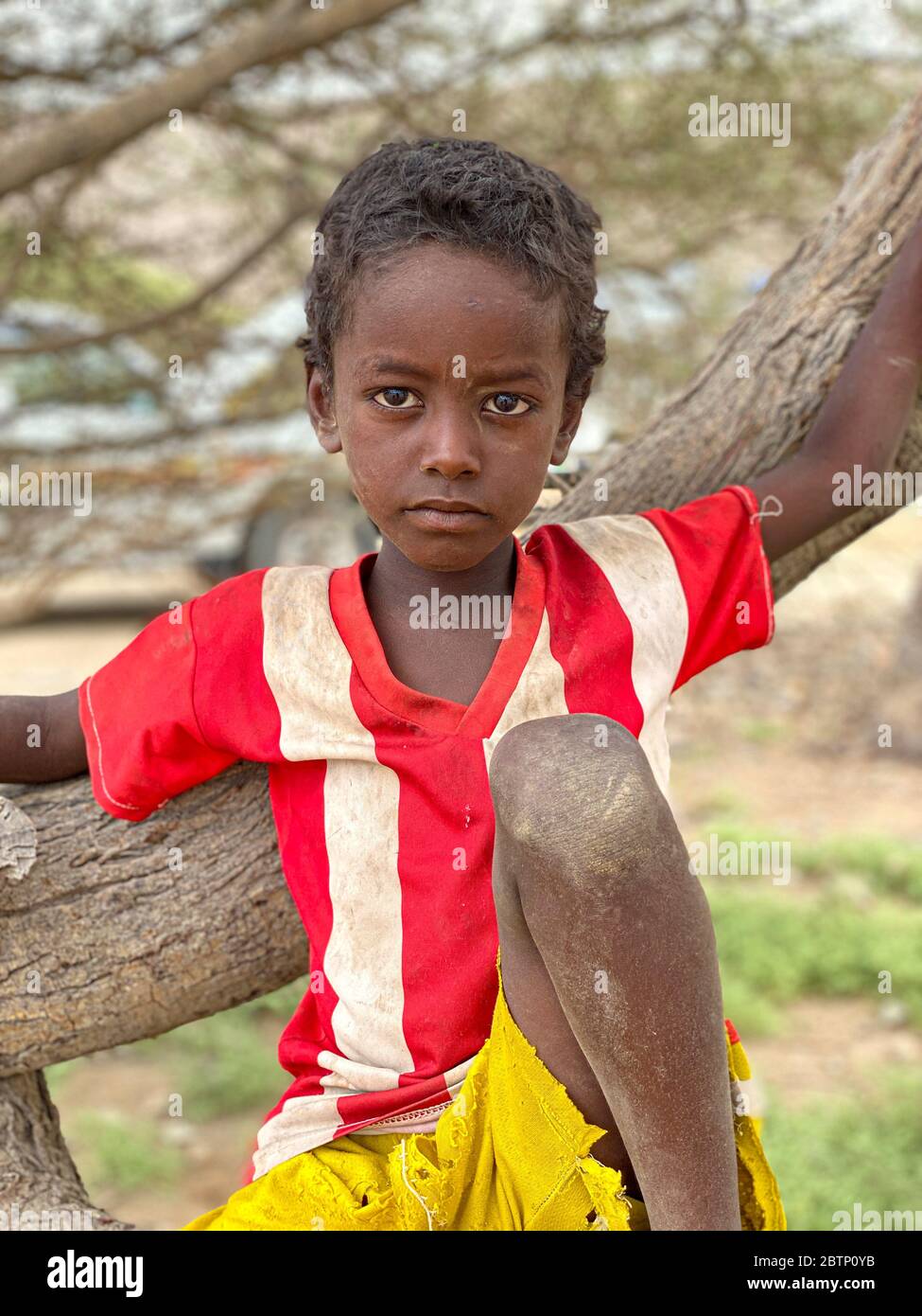 Portrait of sad little boy sitting on a tree, Danakil Depression, Afar Region, Ethiopia, Africa Stock Photo