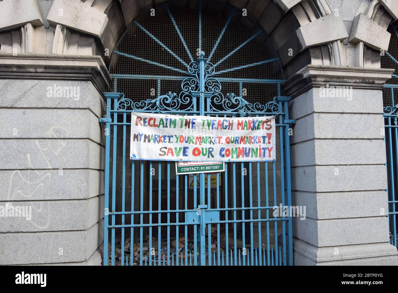 A banner protesting against the closure of the Iveagh Markets in the Liberties, Dublin Stock Photo