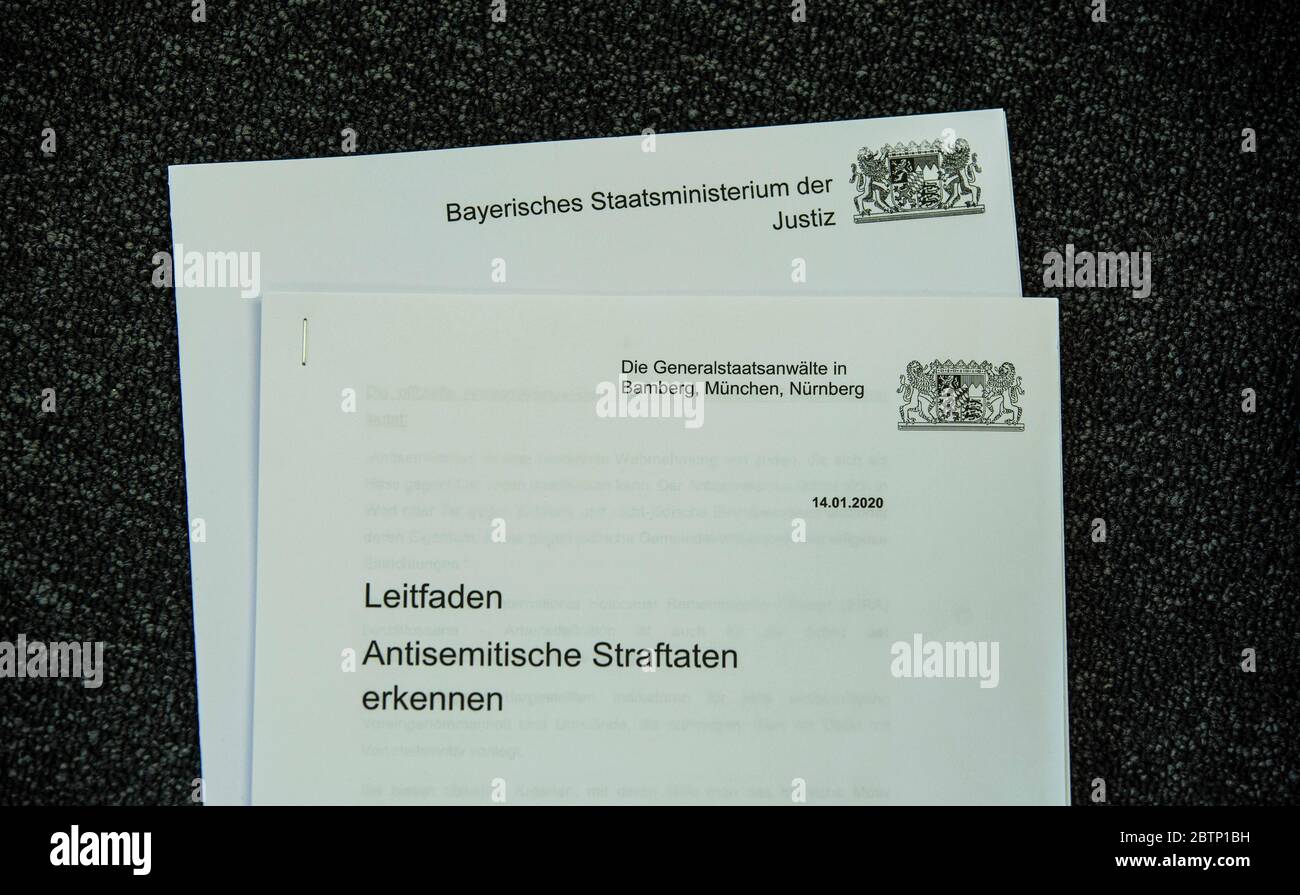 Munich, Bavaria, Germany. 27th May, 2020. Due to a rise of anti-Semitic activities and crimes throughout Germany and specifically over 300 in Bavaria alone, the Bavarian Justizminister has issued a warning regarding the spreading of anti-semitic conspiracy theories, Holocaust relativization via the protests against the anti-Corona protests. Due to this, the Oberstaatsanwalt (head state attorney) Andreas Franck has produced a manual entitled 'Antisemitische Straftaten erkennen'' (Recognize Antisemitic Crimes) which Justizminister Georg Eisenreich presented. (Credit Image: © Sachelle Babbar/ZU Stock Photo