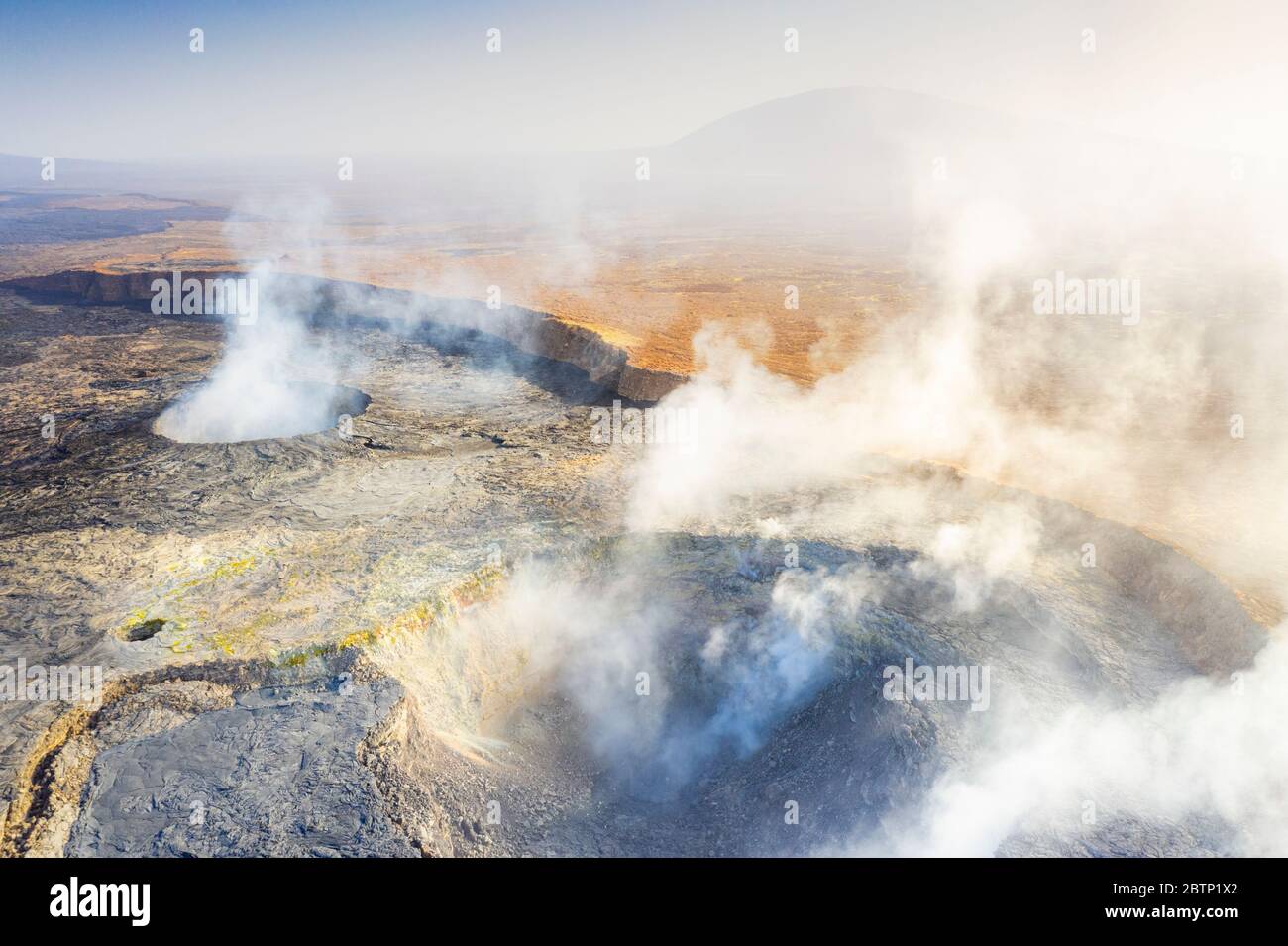 Smoke emission out of Erta Ale volcano, aerial view, Danakil Depression, Afar Region, Ethiopia, Africa Stock Photo