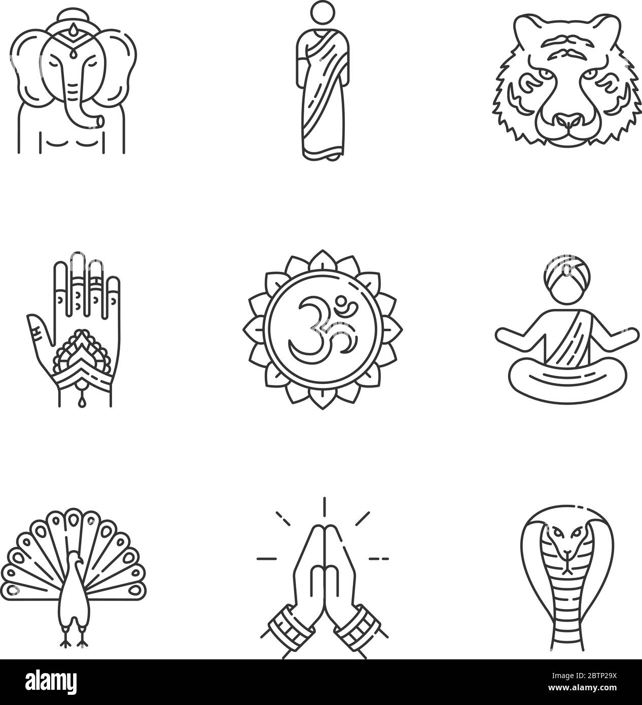 Indian spiritual symbols pixel perfect linear icons set Stock Vector