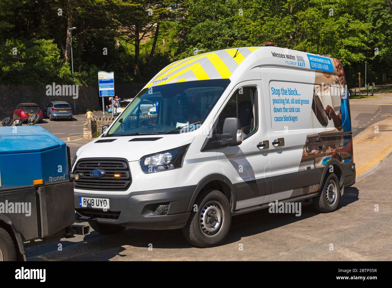 Stop the block, pouring fat oil and grease down the sink can cause blockages - info on Wessex Water YTL Group vehicle at Bournemouth, Dorset UK in May Stock Photo