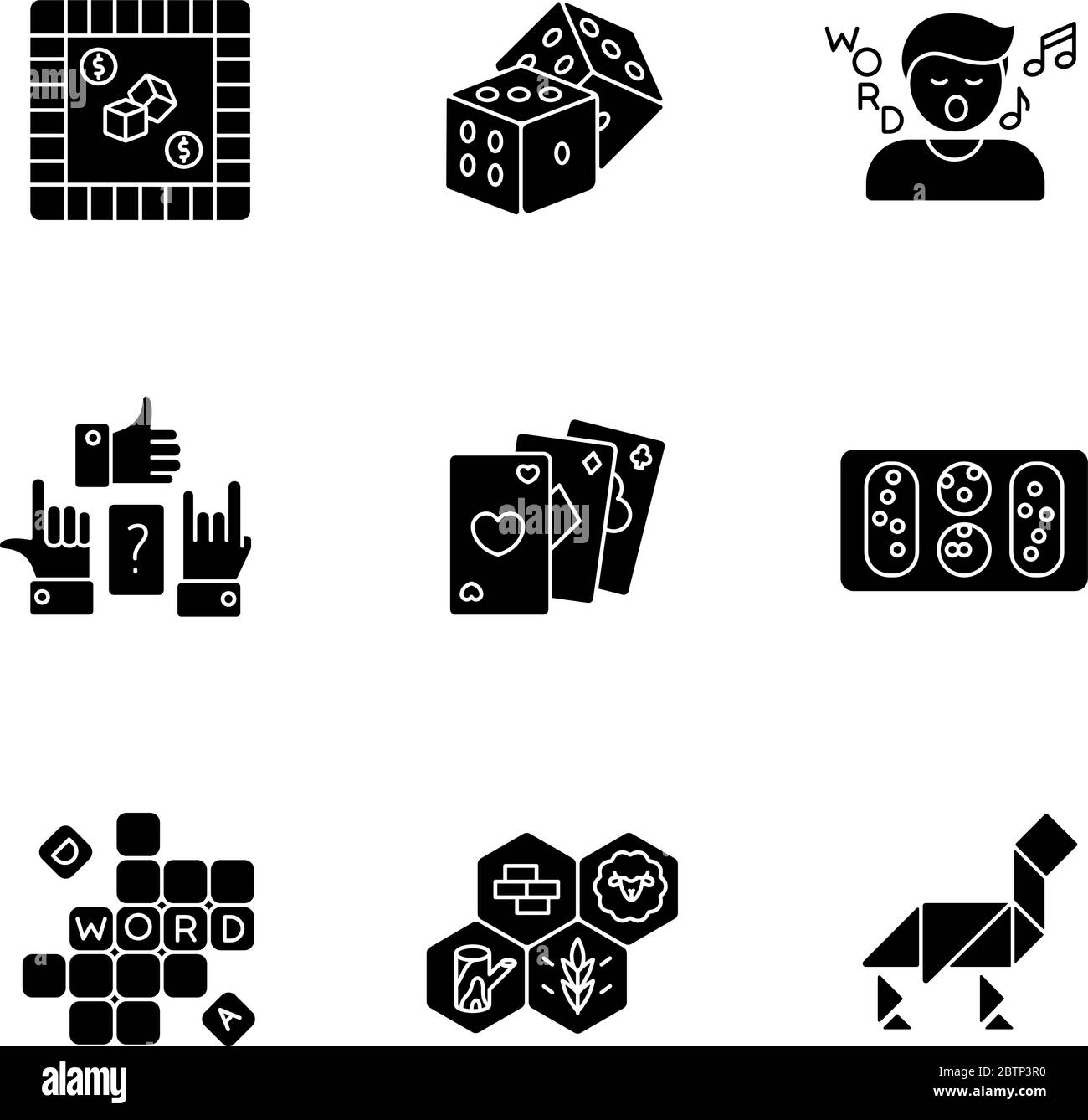 Entertaining games black glyph icons set on white space Stock Vector