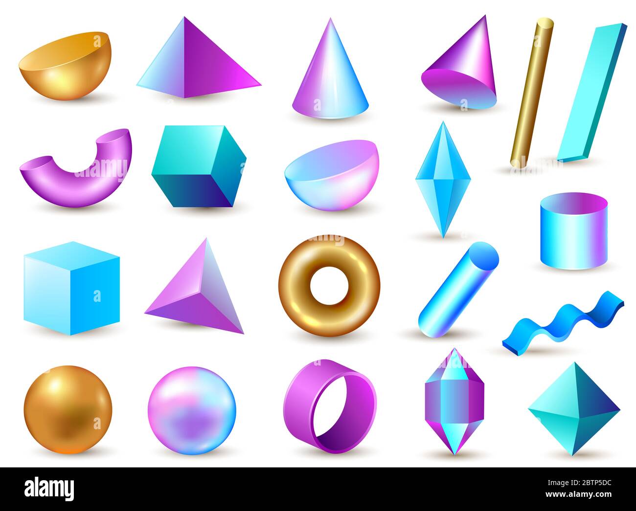 Set of 3d geometric multi-colored bright design elements on a white background. Stock Photo