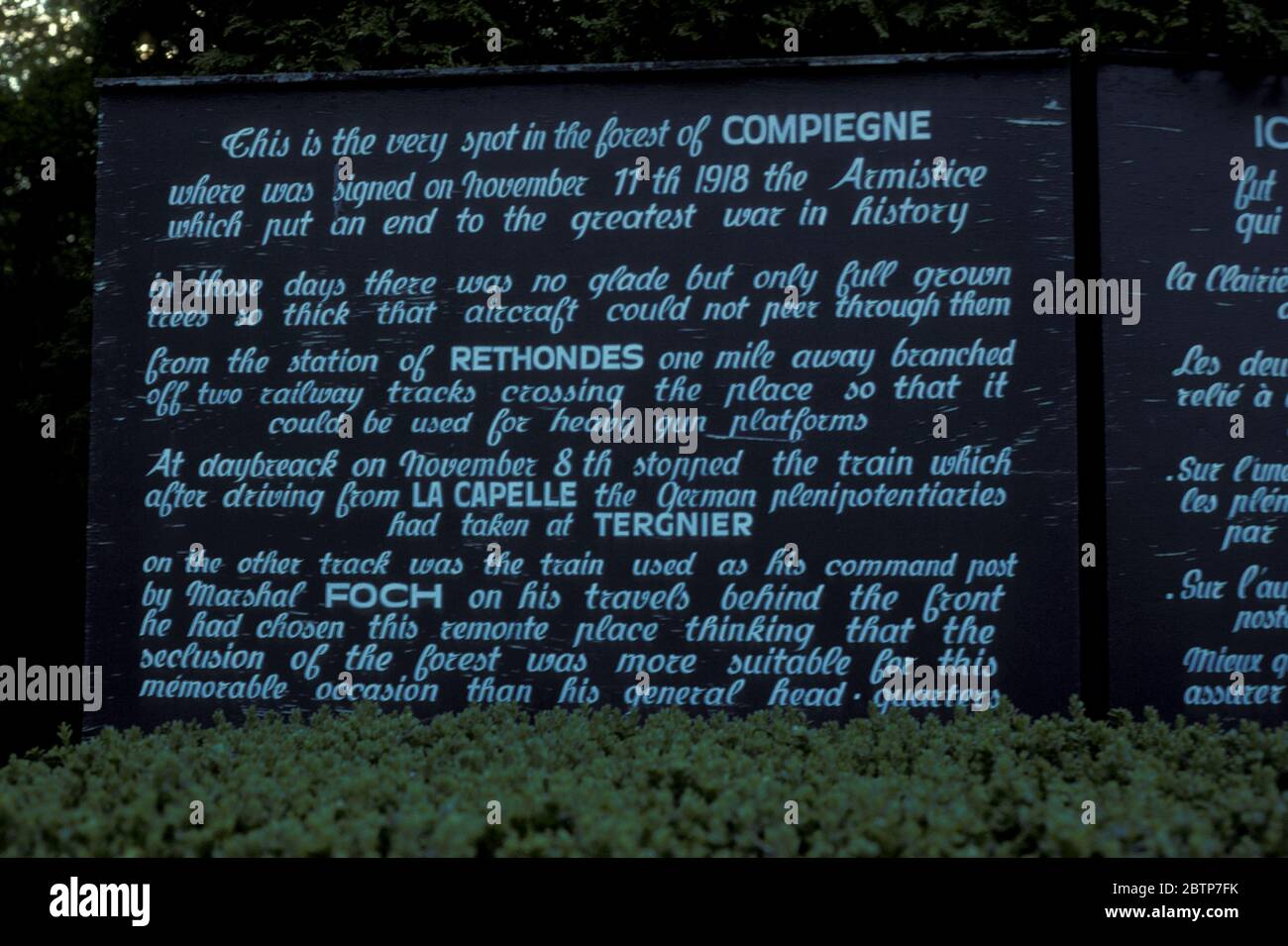 Information sign showing The Armistice clearing in the Forest of Compiegne, France where on 11th November 1918 an armistice was signed ending the First World War Stock Photo