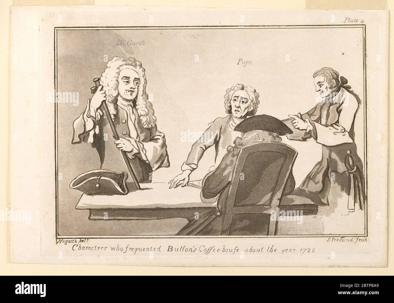 Plate IV from from Characters who Frequented Buttons Coffeehouse About the Year 1720. Research in ProgressInterior scene with four men around a table. Two of them are seated in the middle, two are standing: one at left has placed his hat upon table; the other one at right pointing with his finger. Two men with names inscribed above their heads. Stock Photo