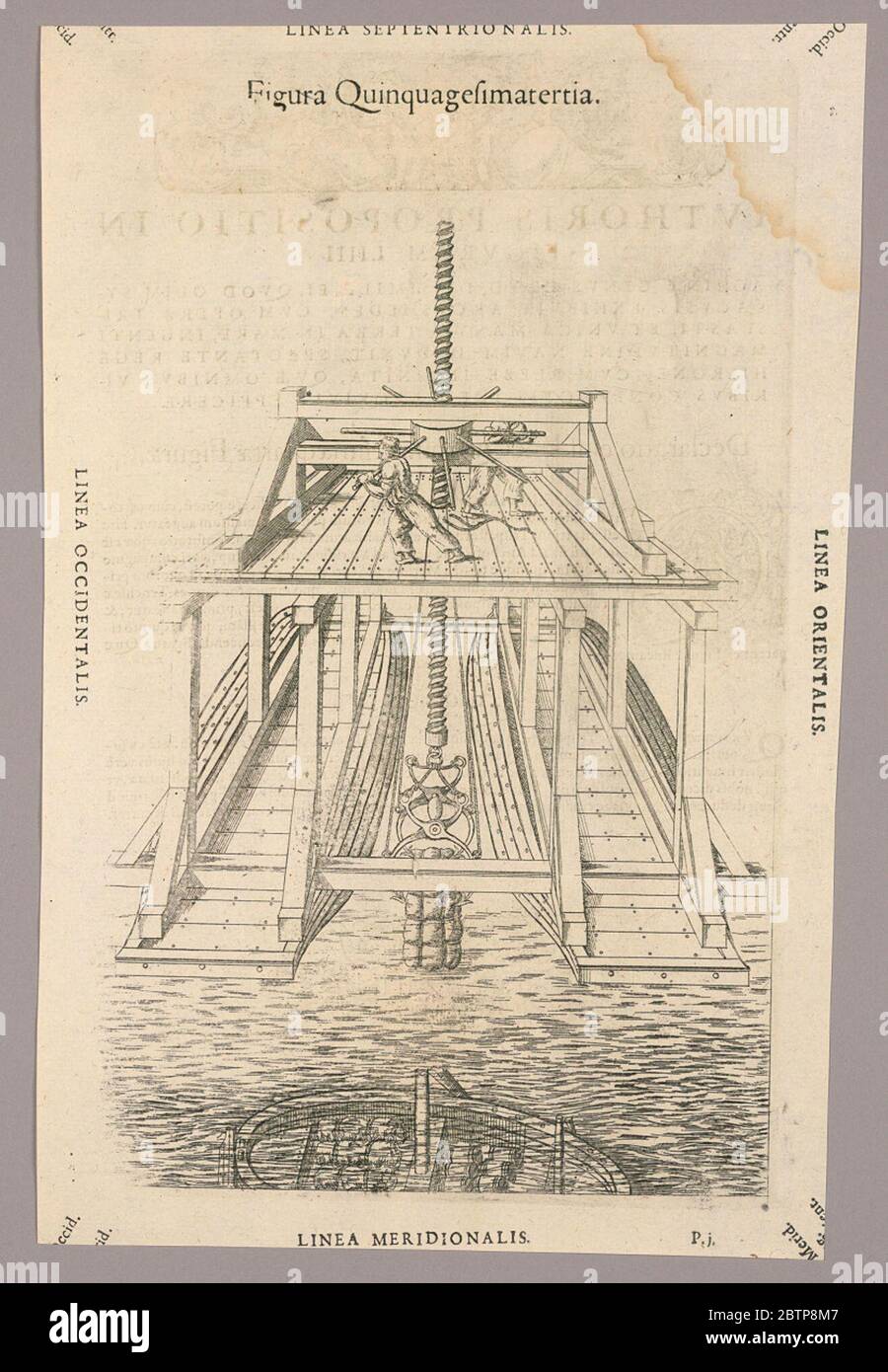 Plate LIII from Theatrum instrumentorum et machinarum. Research in ProgressDredging machine over a wreck, picking up bales. The machine on a framework across two barges. Turned by two men on a wheel on a top platform, raising a screw with hooks. Description in Latin on verso of 1949-152-250. Stock Photo