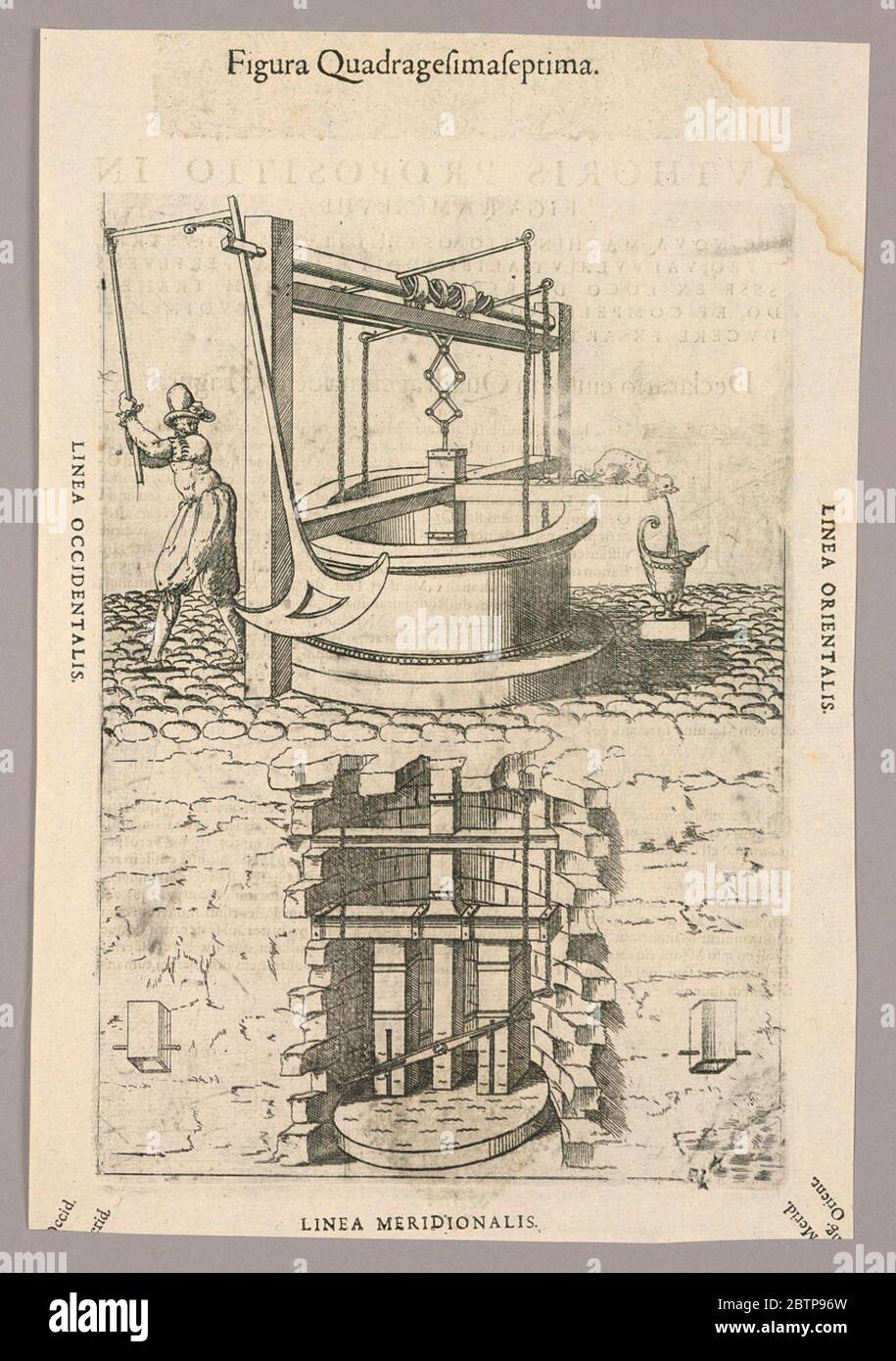 Plate XLVII from Theatrum instrumentorum et machinarum. Research in ProgressMachine pumping water out of a well, through a spout, left. Bottom of well interior shown below; man runs it with a lever and pendulum, left. Description in Latin on verso of 1949-152-244. Stock Photo