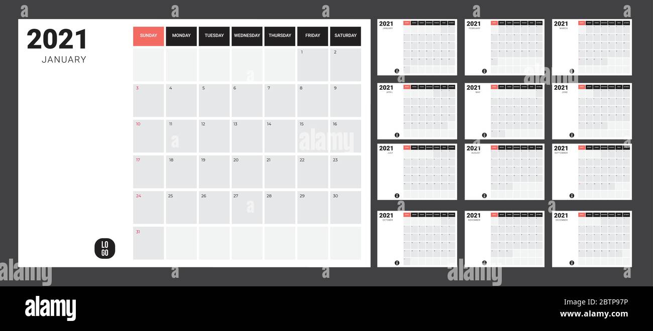 2021 Calendar - illustration. Template. Mock up Stock Vector