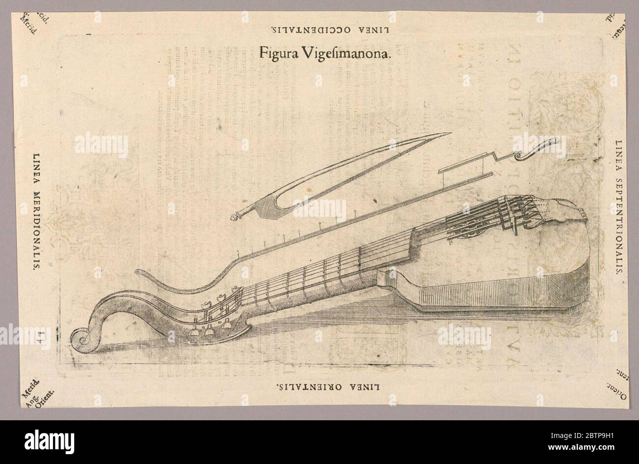 Plate XXIX from Theatrum instrumentorum et machinarum. Research in ProgressA music instrument with six strings; shorter and wider than a violin. Above, the bow, and a plan of the frame for one string. Description in Latin on verso of 1949-152-226. Stock Photo