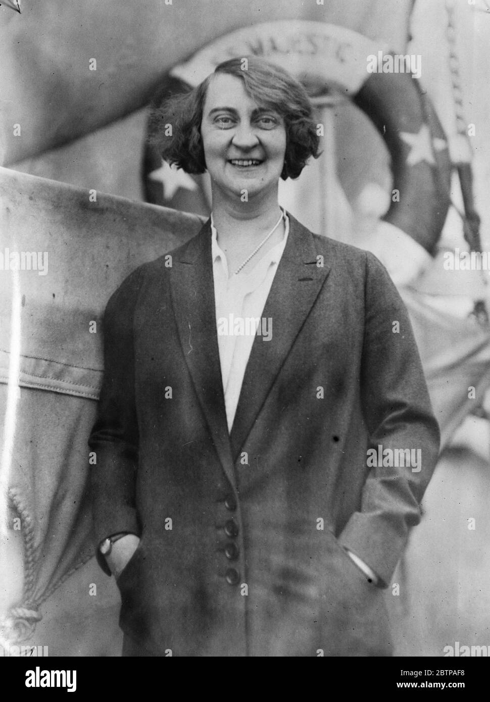 Lifeboat Woman . First to pass Board of Trade test , Miss Blanche Tucker , aged 34 , the Chief Cashier in the French restaurant of the White Star Liner , ' RMS Majestic ' . 9 January 1929 Stock Photo