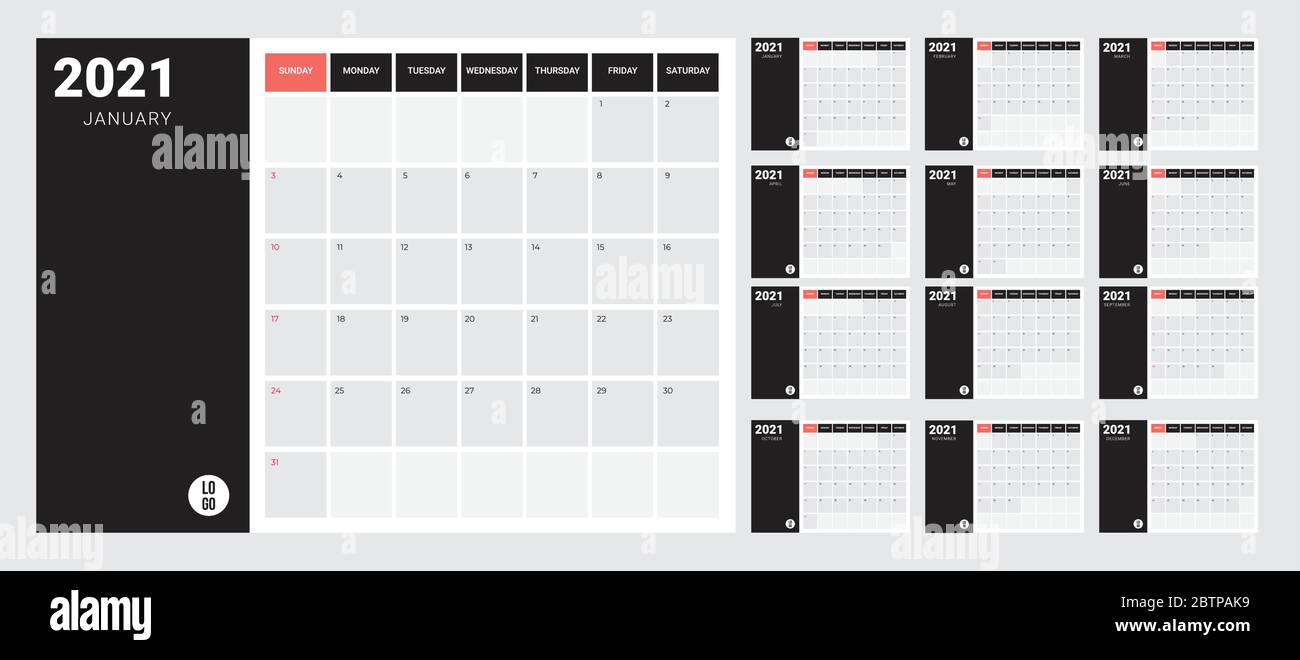 2021 Calendar - illustration. Template. Mock up Stock Vector