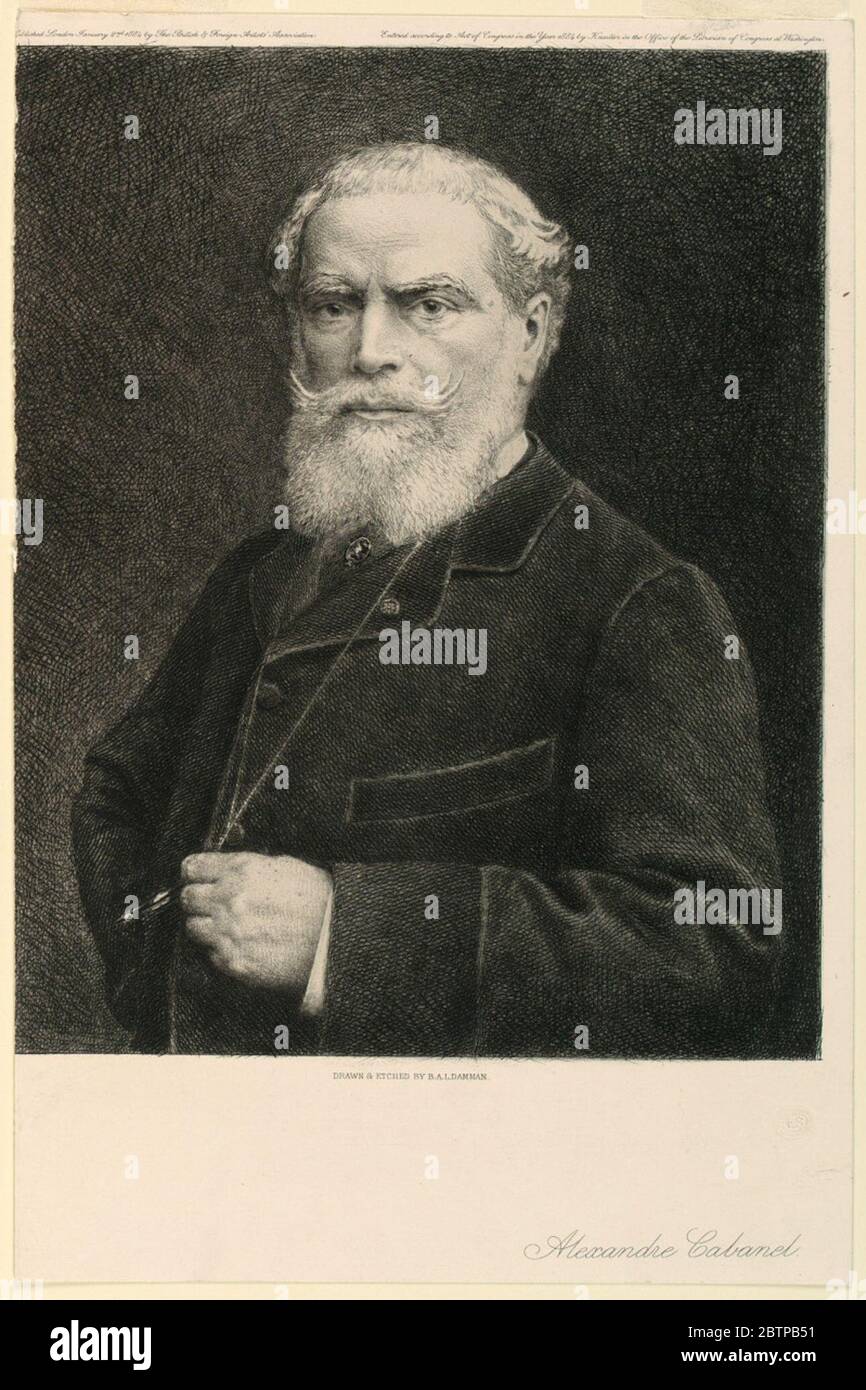 Portrait of Alexander Cabanel. Research in ProgressHalf-length portrait of Alexandre Cabanel (1824-1889), French painter, shown facing on quarter left, his head turned frontally. He wears a full white beard and mustachios. With his left hand he holds his glasses, on a chair. Stock Photo