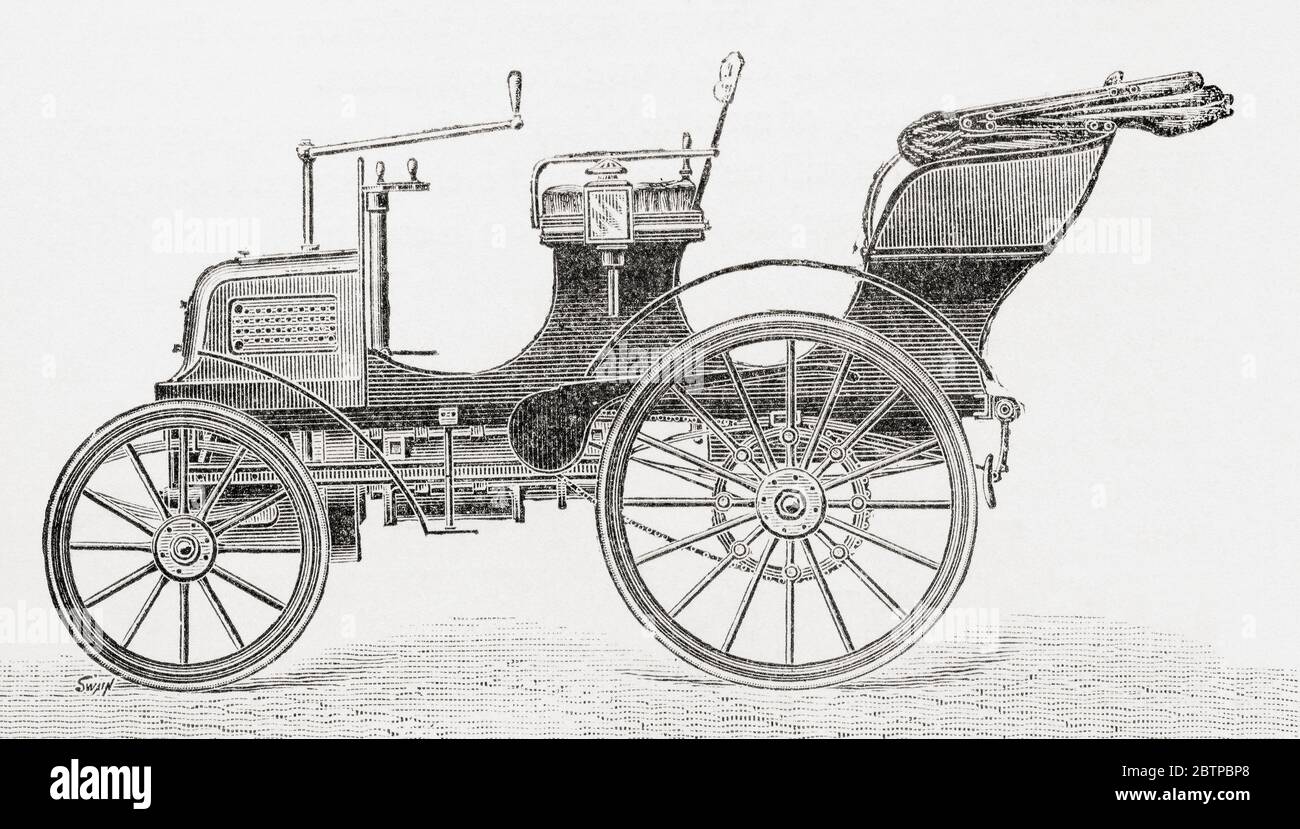 The first car built by the Daimler Company at Coventry, England.  From Motors and Motor-Driving, published 1906. Stock Photo