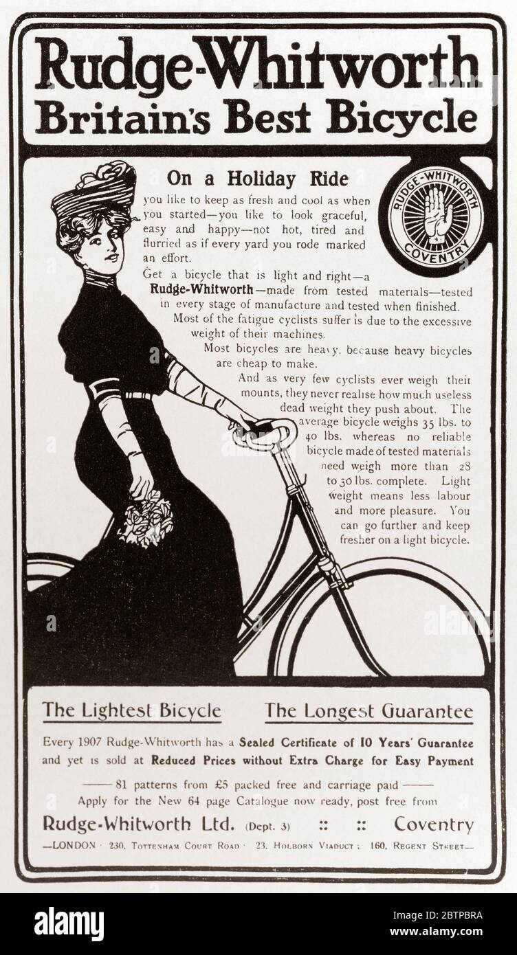 Advertisement for Rudge-Whitworth Cycles.  From The Business Encyclopaedia and Legal Adviser, published 1907. Stock Photo