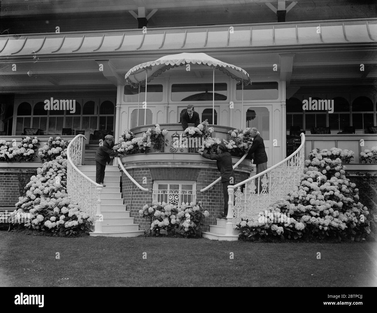 Royal Ascot . Finishing touches being put to the Royal box at Ascot . Beautiful rhododendrons are seen in profusion . 14 June 1932 Stock Photo