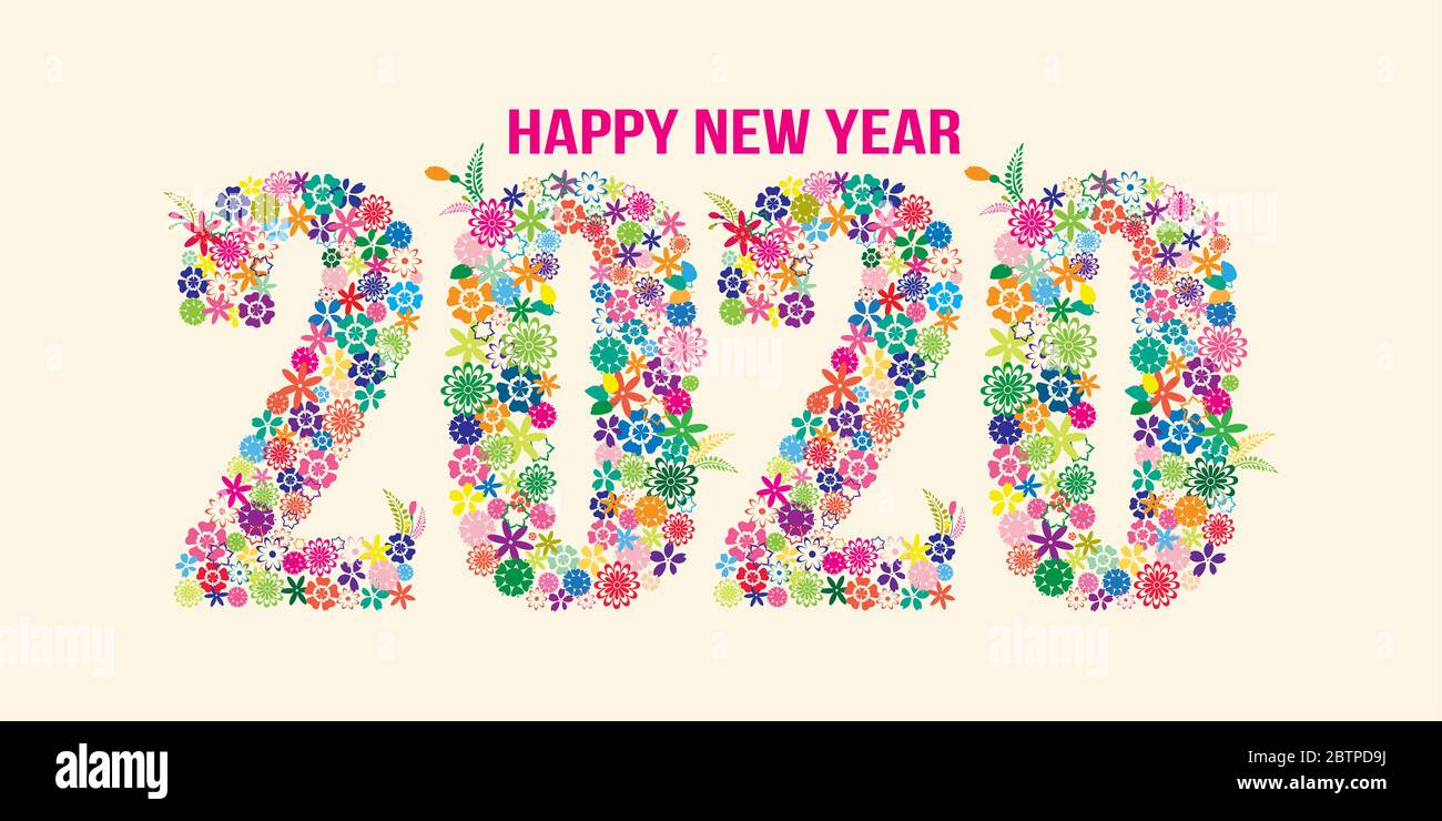 Happy New Year 2020 Colorful Floral Design Isolated on White Background Vector Illustration. Stock Photo