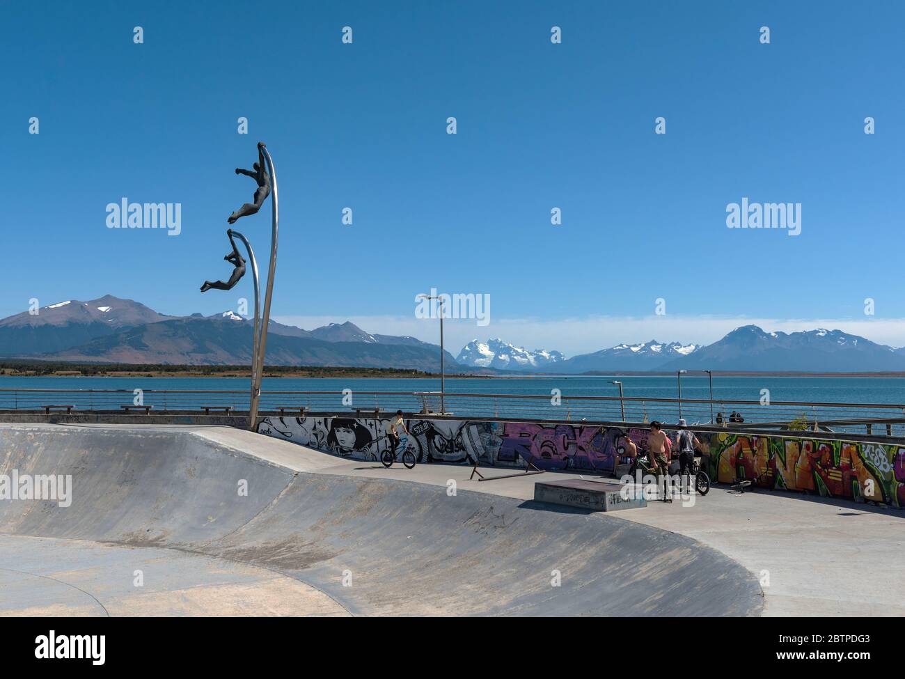 skate park and monument to the wind in the city of Puerto Natales, Patagonia, Chile Stock Photo