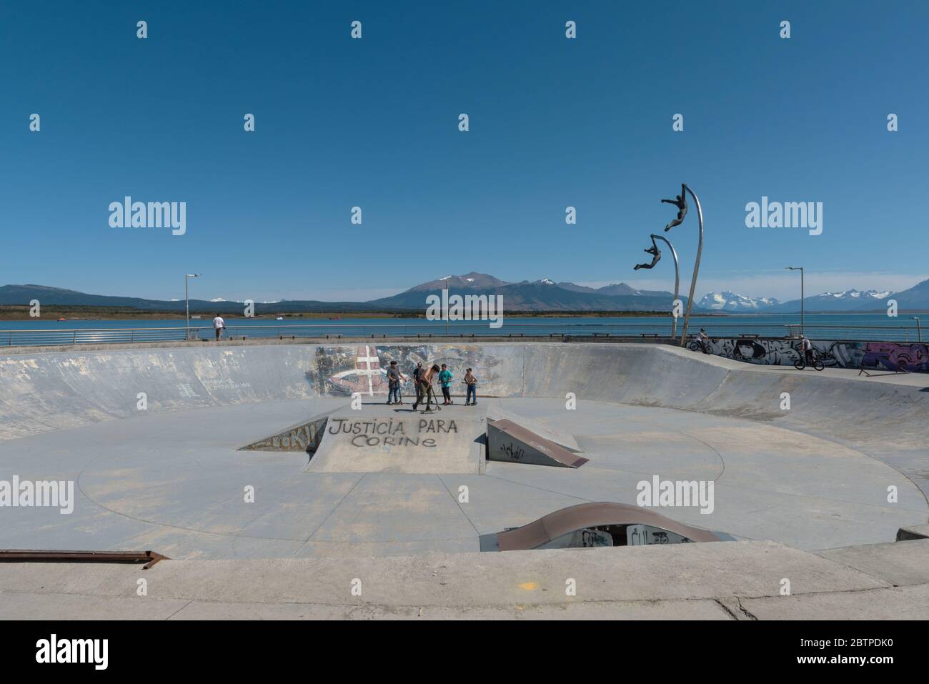 skate park and monument to the wind in the city of Puerto Natales, Patagonia, Chile Stock Photo