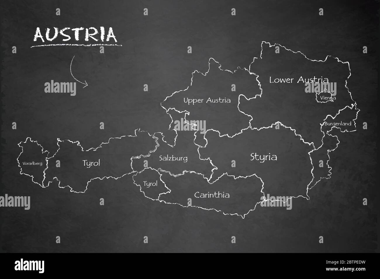 Austria map administrative division separates regions and names individual region, design card blackboard chalkboard vector Stock Vector