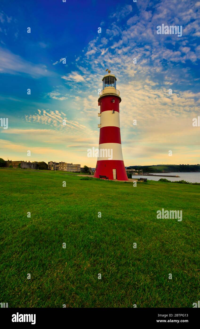Plymouth Hoe lighthouse, Devon, UK Stock Photo