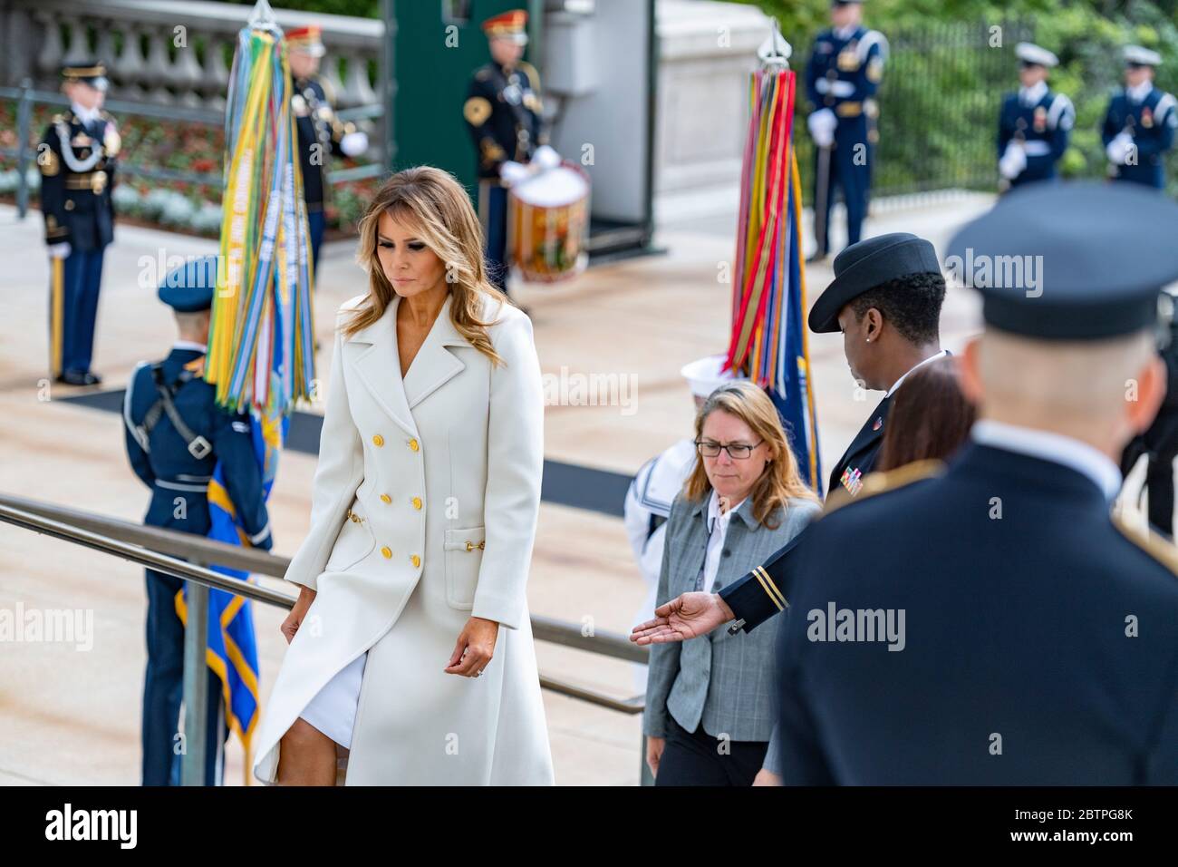 U.S. First Lady Melania Trump arrives for the Presidential wreath-laying ceremony in observance of Memorial Day at Arlington National Cemetery May 25, 2020 in Arlington, Virginia. Stock Photo