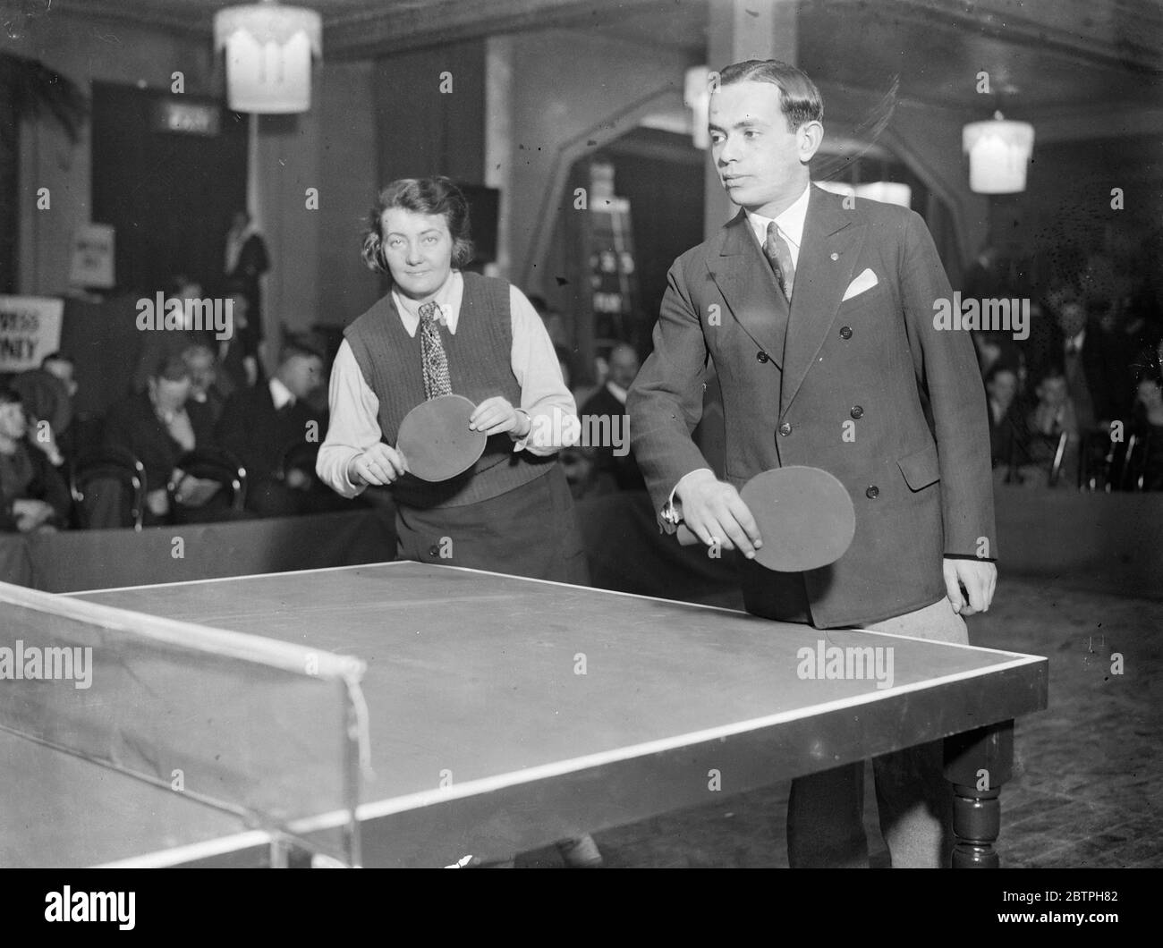 British table tennis championships . Mária Mednyánszky and a male in play . Stock Photo