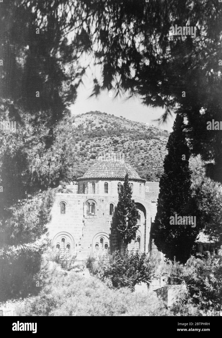 Greece . Daphni . Built in 1082-1105 . During the two centuries that the Crusaders and their descendants occupied Greece ( 1204 to about 1400 ) this church was one of the most important in the country . In it the Frankish Dukes of Athens were christened married and buried . Partially burned during the War of Liberation , a large part of the mosaics which adorned it were destroyed . Enough remain , however , to attract the attention of artists who visit the church , coming from all over the world for the purpose . 1933 Stock Photo