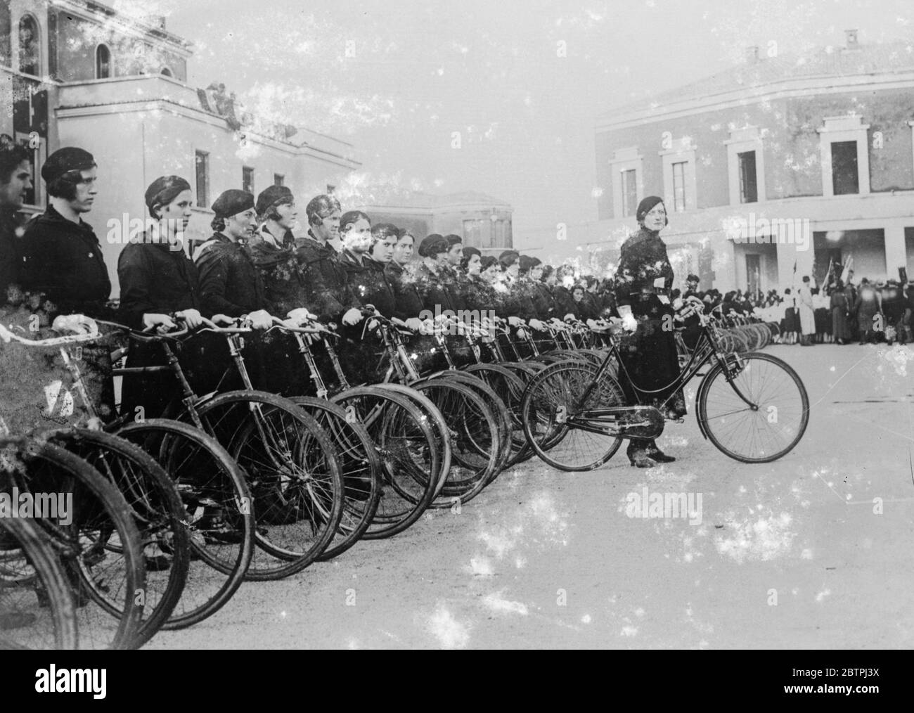 Women join Italian army . Women have joined the Bersagliere , the famous Italian regiment . At the new town of Littoria . the women are equipped with cycles and are recruited from the most robust and best trained members of the feminine section of the Fascist Party . Photo shows ; The women members of the Bersagliere at Littoria . 29 December 1933 Stock Photo