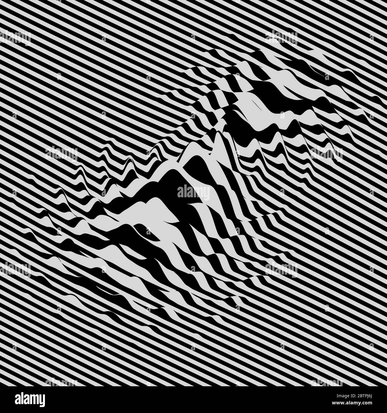 Waveform background. Dynamic visual effect. Surface distortion. Pattern with optical illusion. Vector striped illustration. Black and white sound wave Stock Vector
