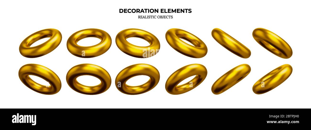 Set of Realistic Torus or Donut in Gold Metal. Geometrical Shapes ...