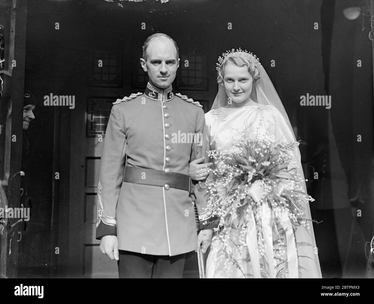 Military wedding in London . Capt Richard Nicholson Murray Jones of the  King's Regiment , son of Col Cheney and Murray Jones , CMG and Miss L  Murray Jones of little paddock ,, image size:1300x1056