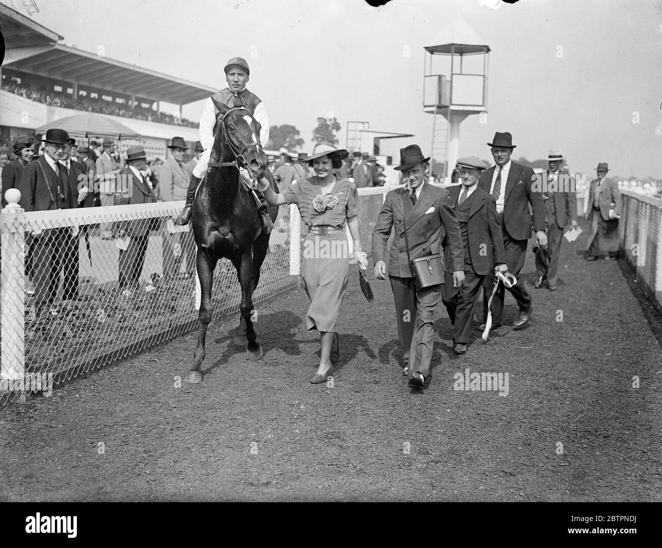 Northolt Derby 'Hat Trick '. Short Ration one Northolt Derby at Northolt gaining for Pat Donoghue, the trainer his third successive win in the Northolt Derby. Short Ration is owned by Miss Chester Beatty. Photo shows, Mrs Pat Donoghue, wife of the trainer, leading in Short Ration after his victory, with Pat Donoghue. 14 June 1937 Stock Photo