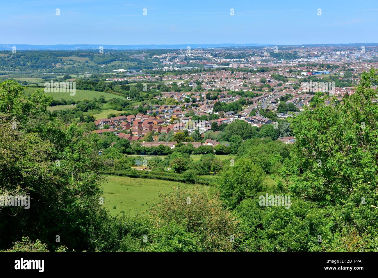 View over western suburbs of Bristol (Withywood and Hartcliffe) and Somerset countryside Stock Photo
