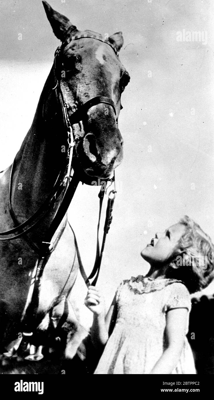 Dickens descendant tells the tale. Tiny Jennifer Downing, four-year-old great great granddaughter of Charles Dickens, the great novelist, appears to be carrying on an interesting conversation with a horse at the the Riviera Country Club, Los Angeles, California. With her mother, Mrs Terence Downing of London, she is spending a holiday in sunny California. Stock Photo