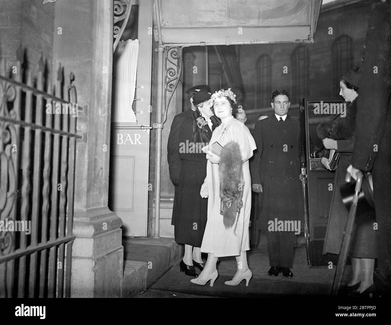 Queen attends British Legion women's conference in London. The Queen, as President of the section, attended the annual conference of the Women's section of the British Legion at Queens Hall, London. In addiction to presenting awards, she received purses on behalf of Burnham Hall centre, rest home and training centre in Norfolk for war women. 27 April 1938 Stock Photo