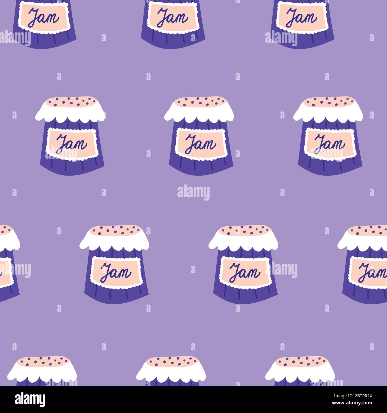 Blueberry jam seamless vector pattern. Repeating pattern with blueberry preserve jars. Use for fabric, gift wrap, packaging Stock Vector