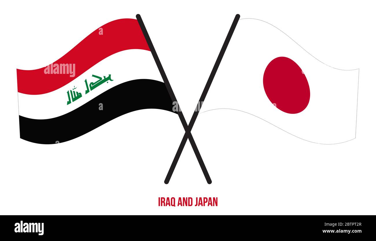 Iraq and Japan Flags Crossed And Waving Flat Style. Official Proportion. Correct Colors. Stock Photo