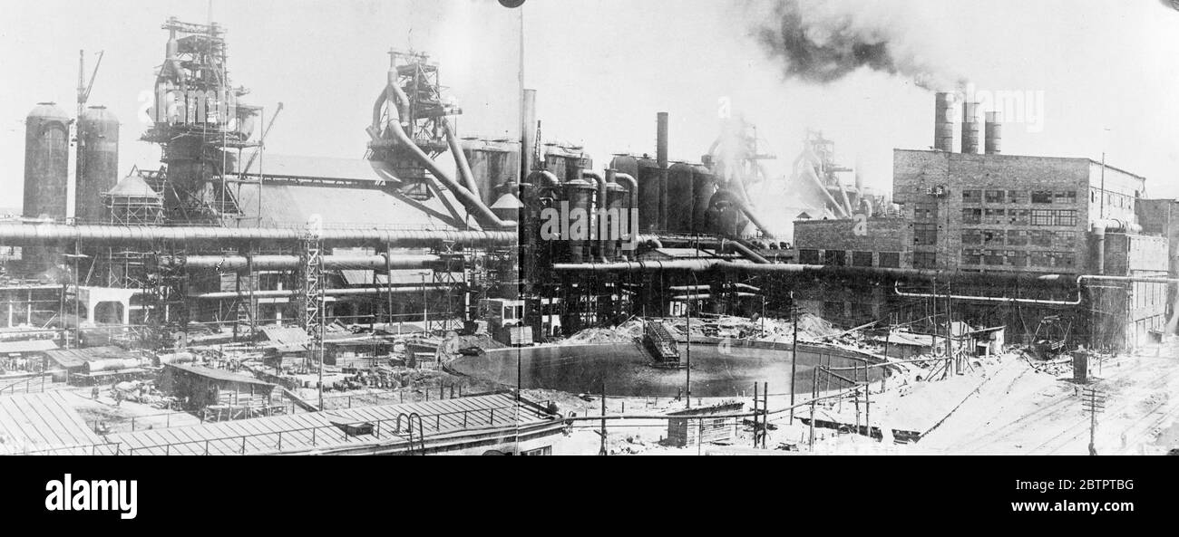 Soviet blast furnaces. A general view of the gigantic blast furnaces Magnitogirsk, USSR. Stock Photo