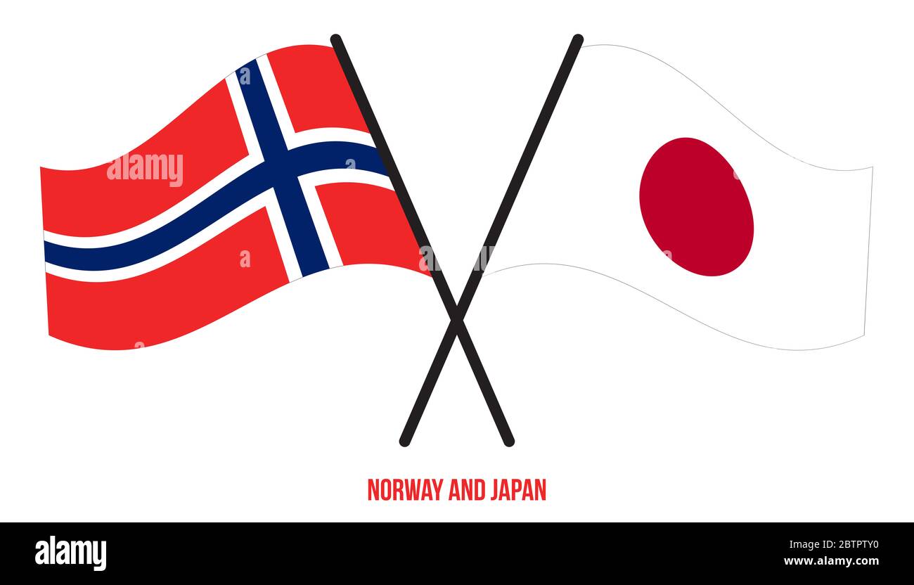 Norway and Japan Flags Crossed And Waving Flat Style. Official