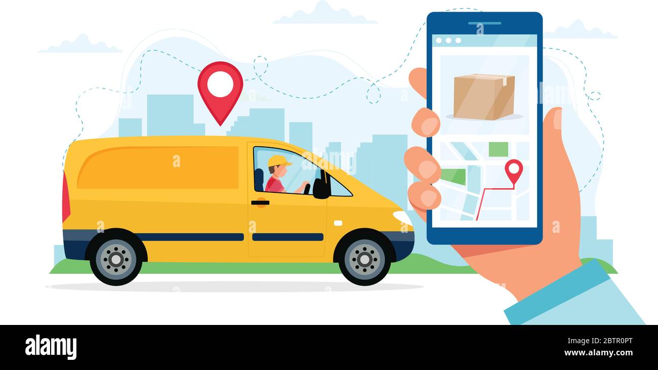 Delivery service concept, courier character riding yellow delivery car, hand holding smartphone with location. Vector illustration in flat style Stock Vector