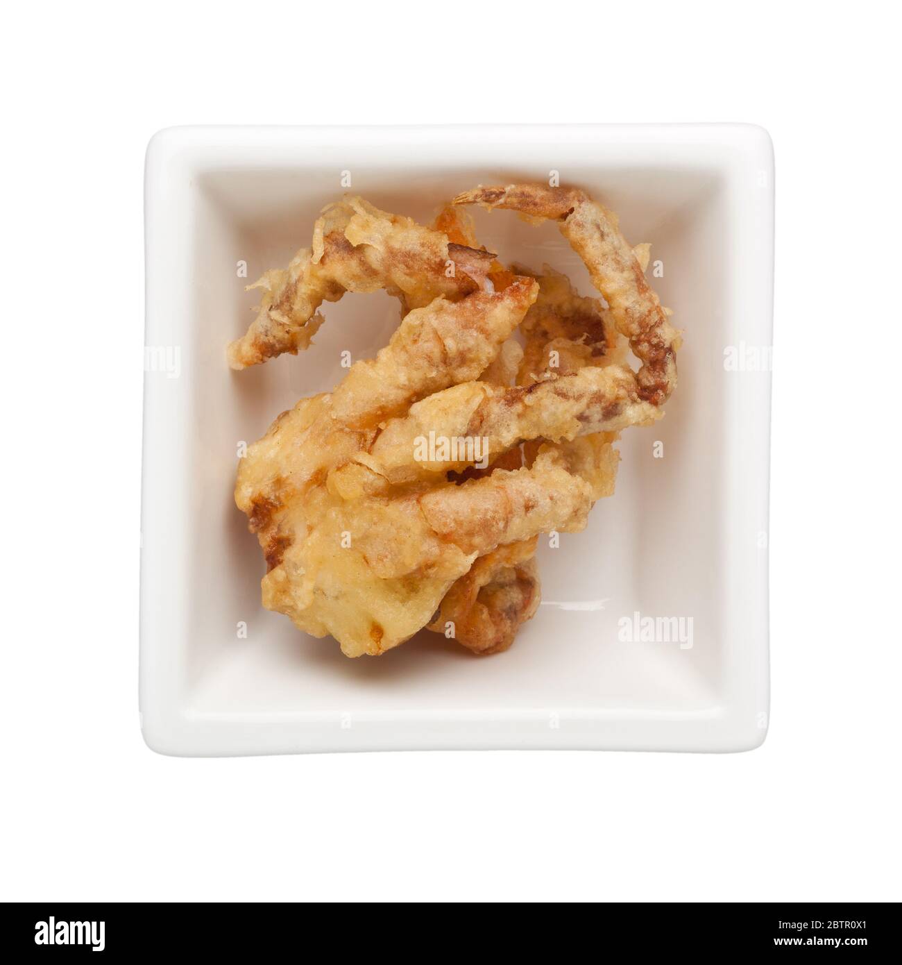 Piece of deep fried soft shell crab in a square bowl isolated on white background Stock Photo
