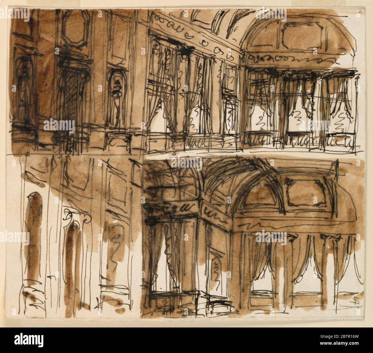 Stage Design for the Interiors of a Palace. Research in ProgressPossibly a public room of the Teatro Veraro. Four different sketches of interiors in palace showing large halls with windows, half closed by curtains. Stock Photo